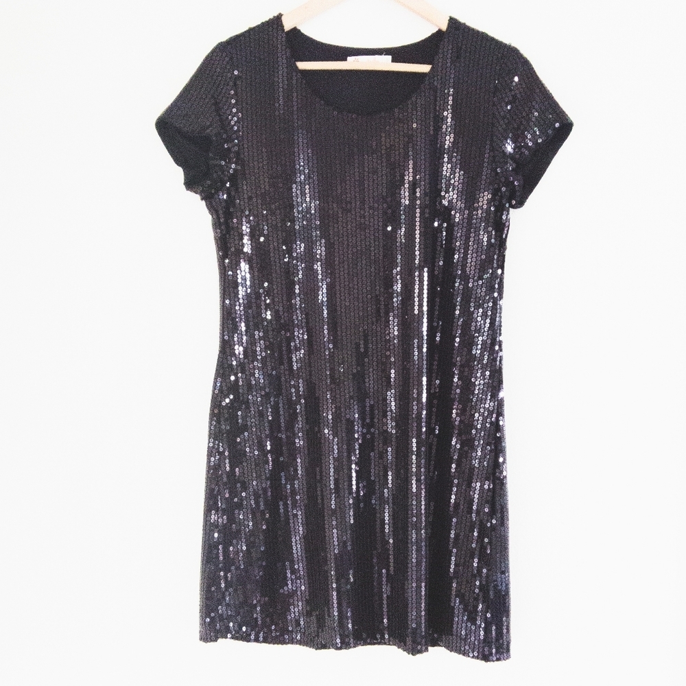 Tulle Allover Sequin Mini Shift Dress Size S Black Cocktail Party Glam New Year